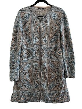 IVKO Blue Cream Zip-Front Abstract Patterned Cotton Knit Sweater Jacket Size 38